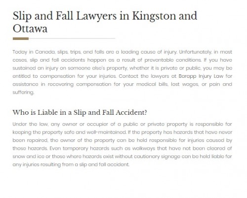 Barapp Personal Injury Lawyer
130 Ontario St, lower level,
Kingston, ON K7L 2Y4
(613) 777-1506

https://bpilaw.ca/personal-injury-lawyers-kingston/