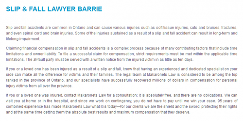 Makaronets Personal Injury Law
50 Dunlop St E
Barrie, ON L4M 6J9
(705) 881-1512

https://makaronetslaw.ca/barrie-personal-injury-law.html