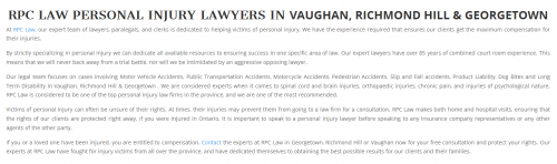 RPC Personal Injury Lawyer
49-100 Bass Pro Mills Dr
Vaughan, ON L4K 5X1, Canada
(416) 477-6840

https://rpclaw.ca/vaughan/