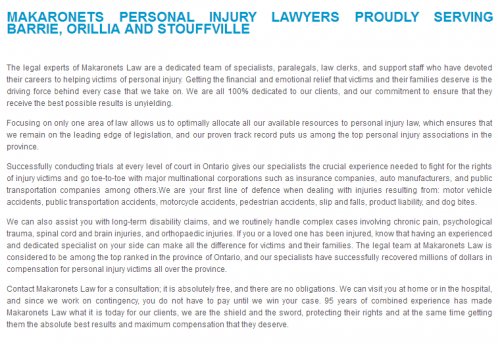 Makaronets Personal Injury Law
50 Dunlop St E
Barrie, ON L4M 6J9
(705) 881-1512

https://makaronetslaw.ca/barrie-personal-injury-law.html