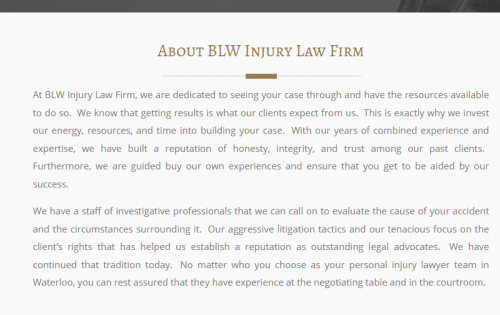 BLW Injury Law
86 Rankin St Unit 2
Waterloo, ON N2V 1V9
(226) 499-5287

https://blwlaw.ca/