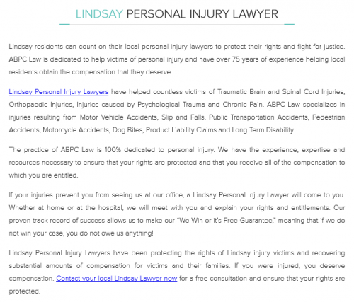 ABPC Personal injury Lawyer
104-55 Mary St. W
Lindsay, ON K9V 5Z6
(800) 964-0847

https://abpclaw.ca/lindsay-personal-injury-lawyer.html
