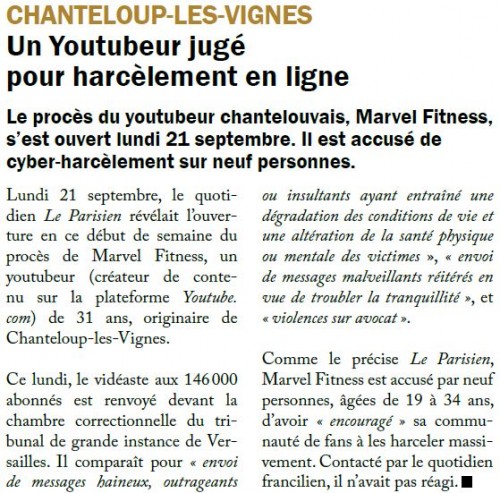 La Gazette des Yvelines 230920 Un Youtubeur chantelouvais jugé pour harcèlement en ligne
