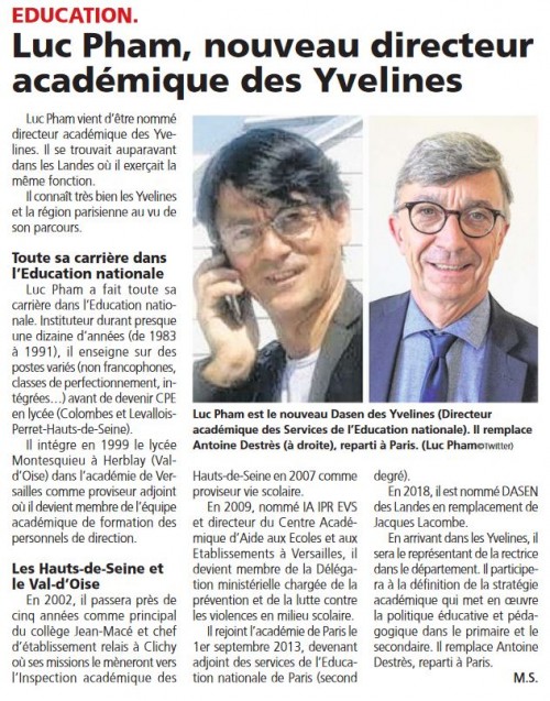 Le Courrier des Yvelines 141020 Luc Pham nouveau directeur académique des Yvelines