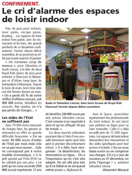 Courrier des Yvelines 091220 Le cri d'alarme des espaces de loisir indoor