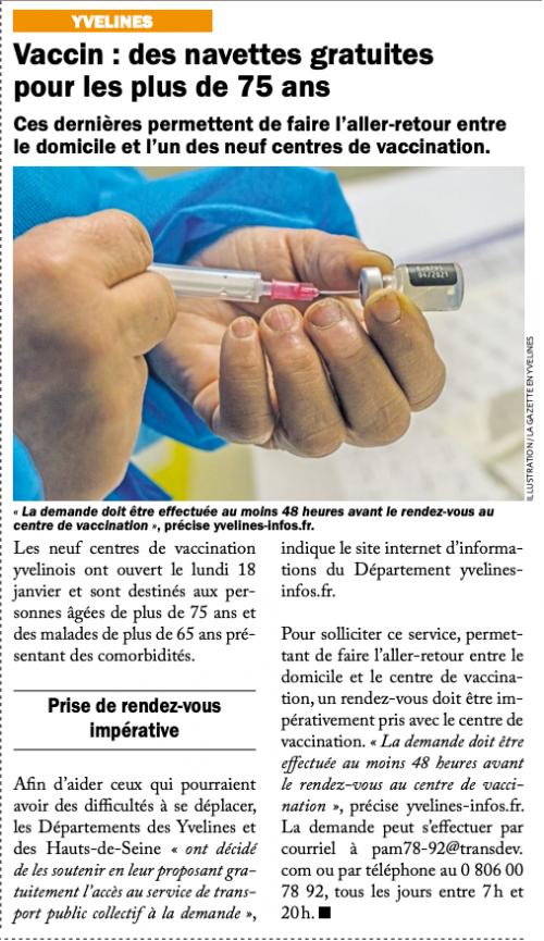 La Gazette des Yvelines 270121 Yvelines Vaccin, des navettes gratuites pour les plus de 75 ans