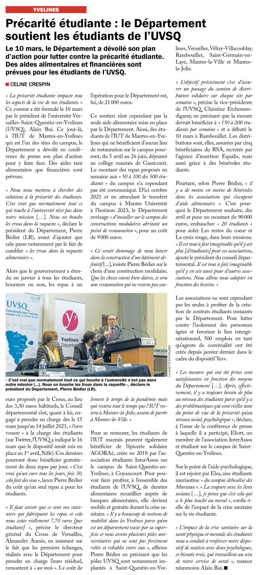 La Gazette des Yvelines 240321 Précarité étudiante le Département soutient l'UVSQ