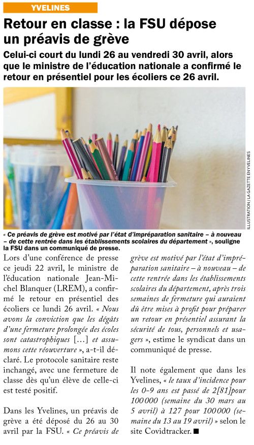 La Gazette des Yvelines retour en classe la FSU dépose un préavis de grève 280421