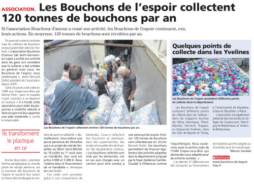 Courrier des Yvelines 020621 Les Bouchons de l espoir collectent 120 tonnes de bouchons par an