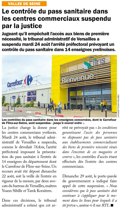 La Gazette des Yvelines Le contrôle du pass sanitaire dans les centres commerciaux suspendu par la j