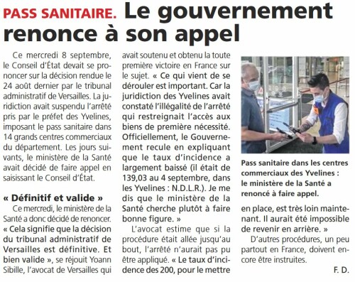 Le Courrier des Yvelines Pass sanitaire Le gouvernement renonce à son appel 150921