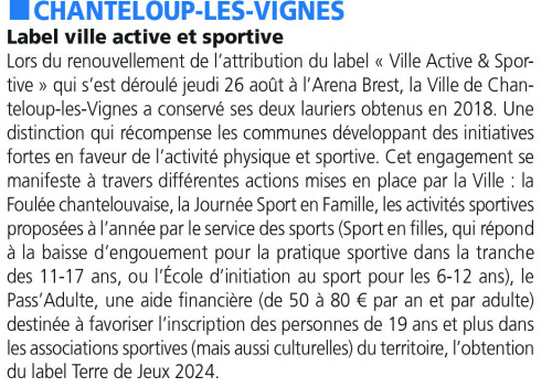 Courrier des Yvelines 220921 Chanteloup les Vignes Label Ville Active et Sportive