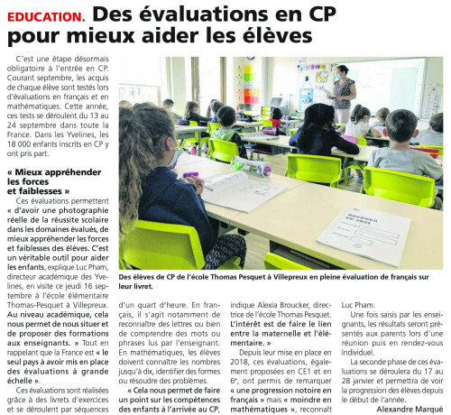 Courrier des Yvelines 220921 Education des évaluations en CP pour mieux aider les élèves