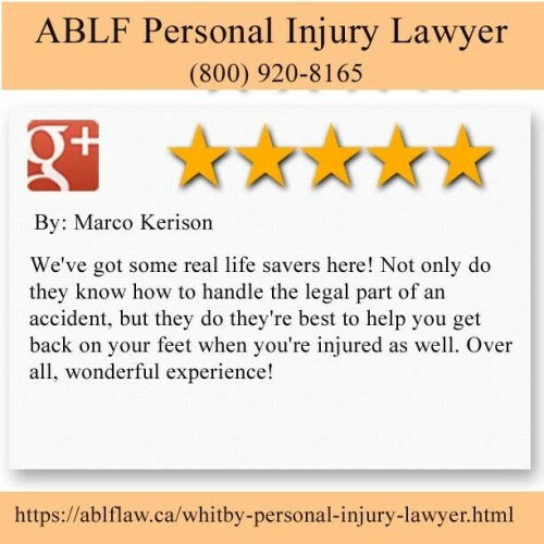 ABLF Personal Injury Lawyer
1621 McEwen Dr Unit 103
Whitby, ON L1N 9A5
(800) 920-8165

https://ablflaw.ca/whitby-personal-injury-lawyer.html