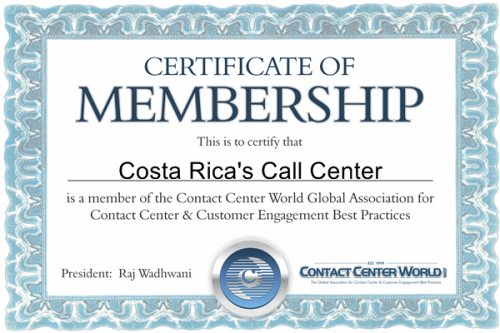 CONTACT CENTER WORLD CERTIFICATE OF MEMBERSHIP COSTA RICA'S CALL CENTER