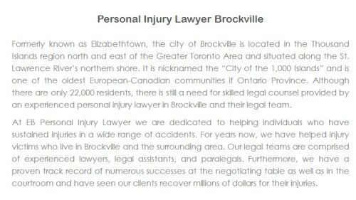 EB Personal Injury Lawyer
13 Perth St, Unit B
Brockville, ON K6V 5B9
Canada
(800) 314-8169

https://ebinjurylaw.ca/brockville.html
