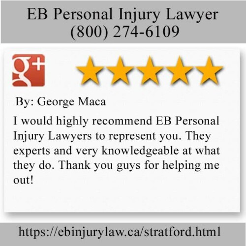 EB Personal Injury Lawyer
2-311 Church Street
Stratford, ON N5A 2R9
(800) 274-6109

https://ebinjurylaw.ca/stratford.html