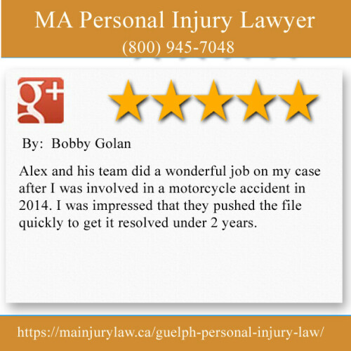 MA Personal Injury Lawyer 
370 Stone Rd W
Guelph, ON N1G 4V9	
(800) 945-7048

https://mainjurylaw.ca/guelph-personal-injury-law/