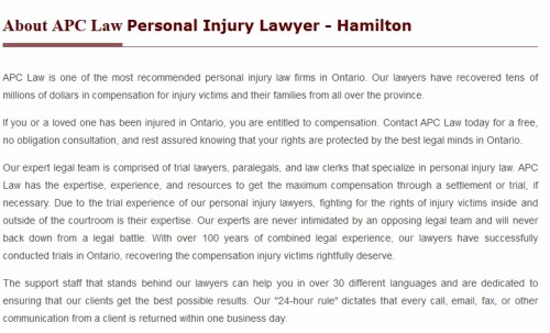 APC Personal Injury Lawyer
413 Whitney Ave Unit A
Hamilton, ON L8S 2H6
(800) 931-7036

https://apclaw.ca/hamilton.html