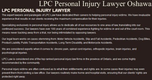 LPC - Personal Injury Lawyer Oshawa
49 Kenneth Ave Unit #B
Oshawa, ON L1G 5N3
(800) 646-4179

https://lpclaw.ca/oshawa-personal-injury-lawyer/