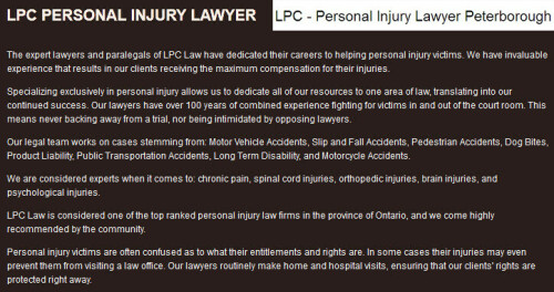 LPC - Personal Injury Lawyer Peterborough
459 George Street North
Peterborough, ON K9H 3R6
(705) 243-3685

https://lpclaw.ca/peterborough-personal-injury-lawyer/