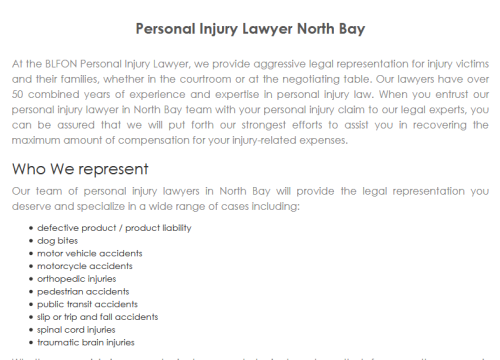 BLFON Personal Injury Lawyer
437 Sherbrooke St Suite A
North Bay, ON P1B 2C2
(800) 596-0743

https://blfonlaw.ca/north-bay.html