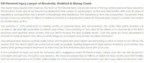 EB Personal Injury Lawyer
70 King St E, Lower Level
Stoney Creek, ON L8G 1K2
Canada
(800) 289-5079

https://ebinjurylaw.ca/stoney-creek.html