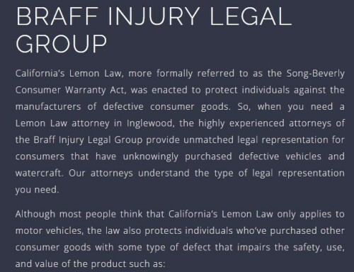 Braff Injury Legal Group
208 S La Brea Ave.
Inglewood, CA 90301
(424) 732-2459

https://braffinjurylegalgroup.com/lemon-law-attorney-inglewood/