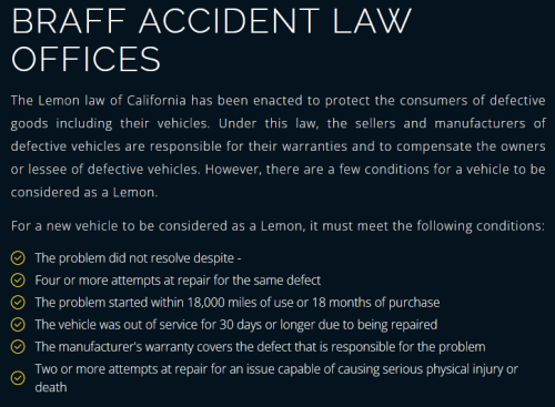Braff Accident Law Offices
9040 Brentwood Blvd
Brentwood, CA 94513
(888) 293-3362

https://braffaccidentlawyer.com/brentwood-lemon-law-attorney/