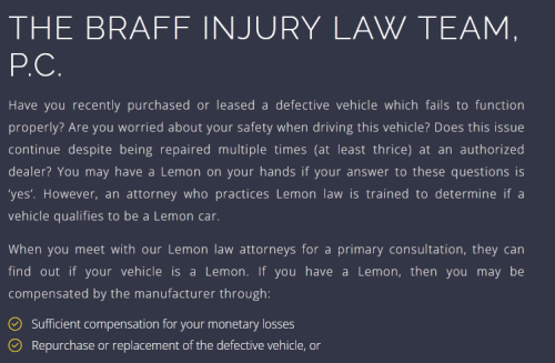 The Braff Injury Law Team, P.C. 
1313 Main St.
Delano, CA 93215
(661) 372-0023

https://brafflawoffices.com/lemon-law-attorney-delano/